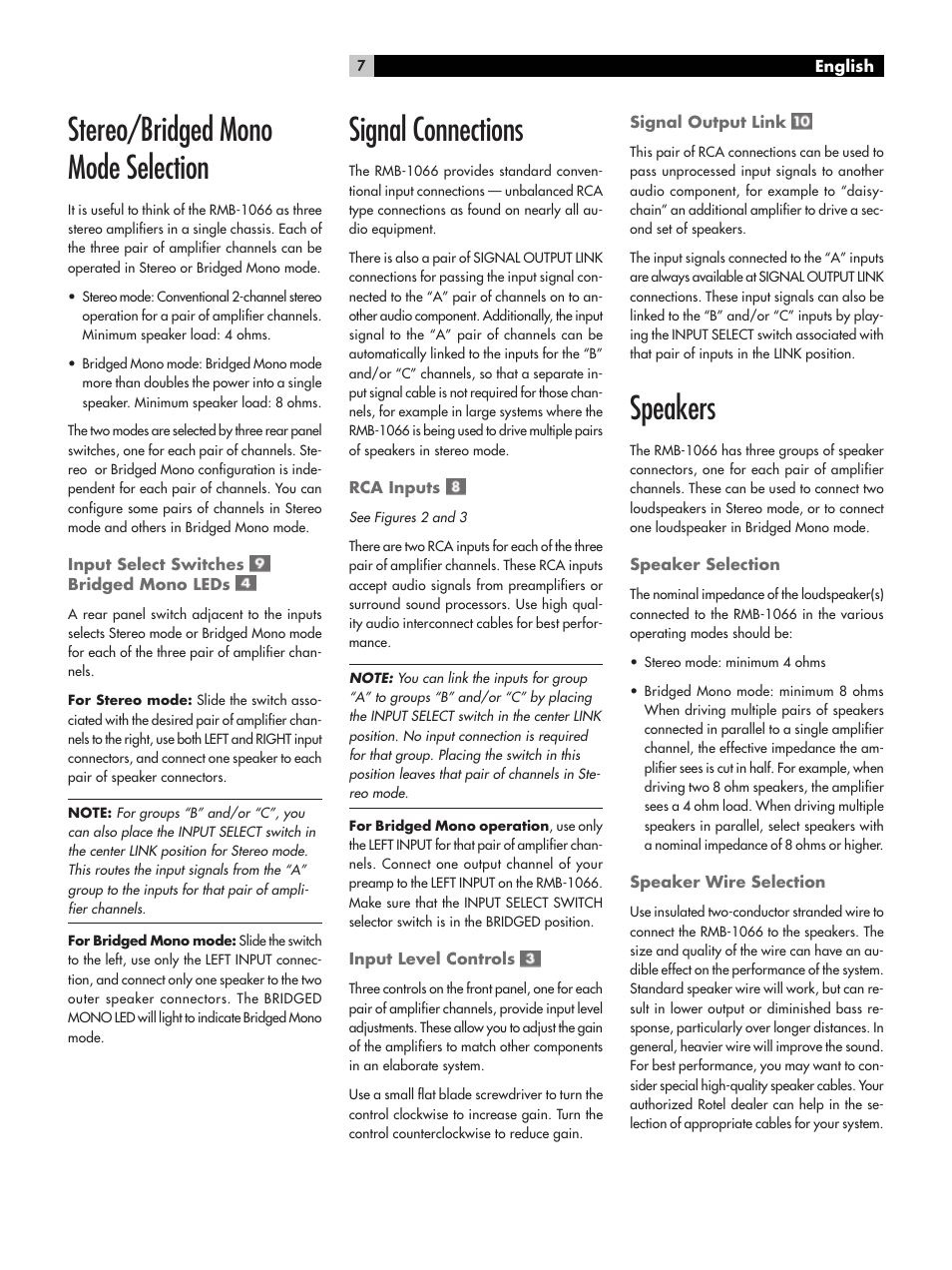 Stereo/bridged mono mode selection, Signal connections, Speakers | ROTEL RMB-1066 User Manual | Page 7 / 40