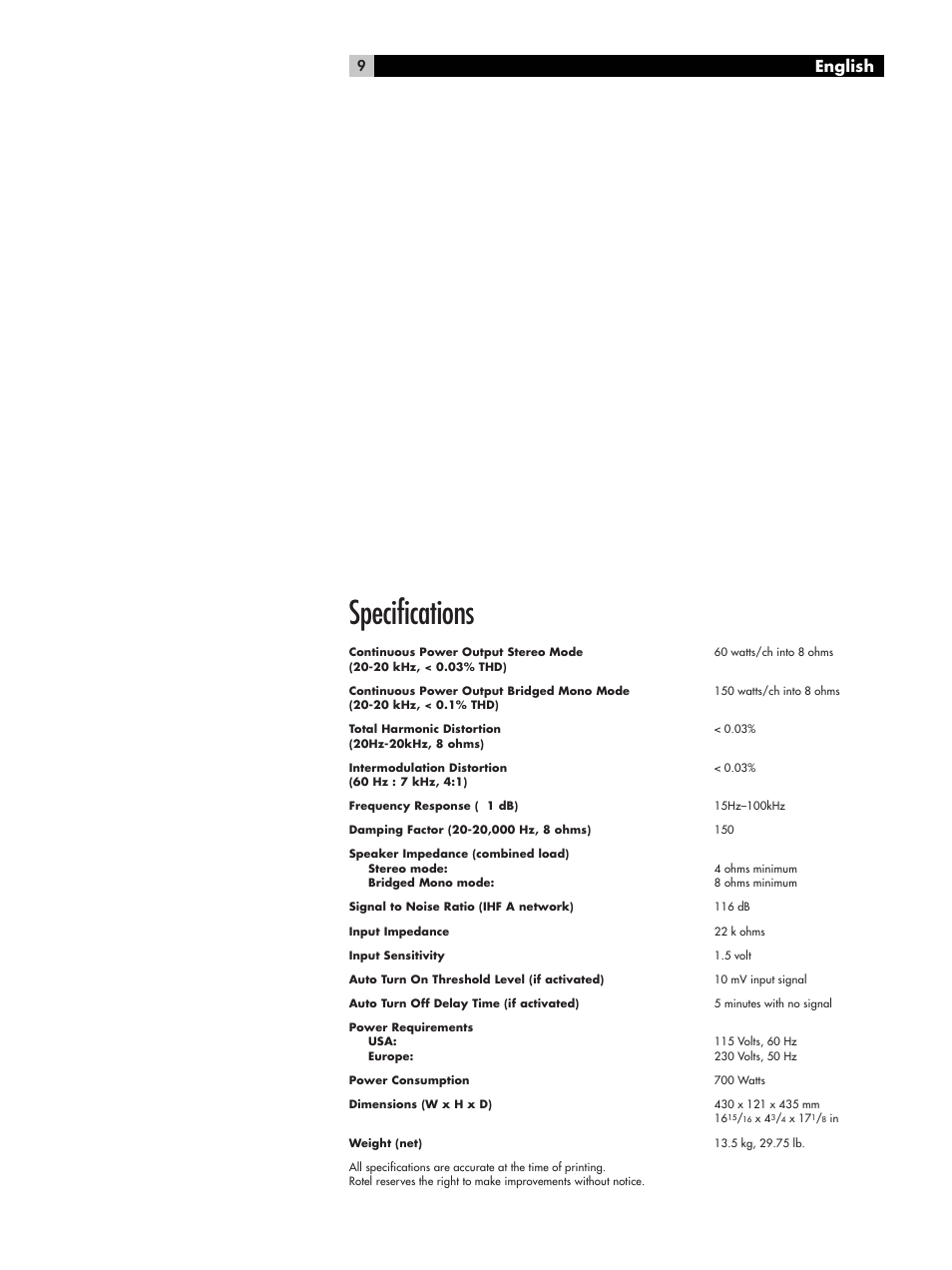 Specifications, English | ROTEL RMB-1066 User Manual | Page 9 / 40