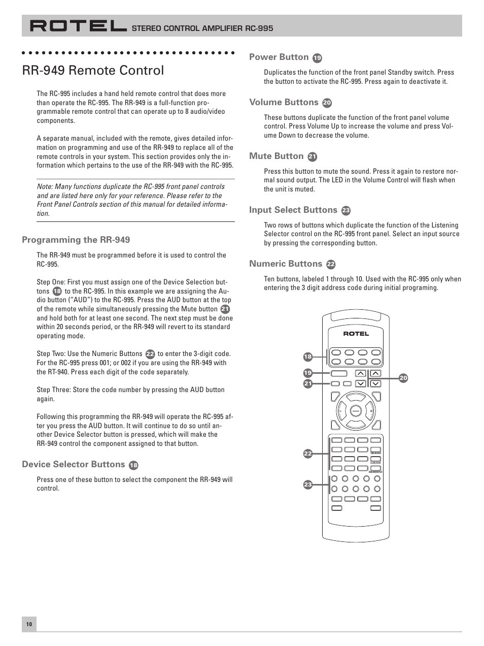 Rr-949 remote control, Programming the rr-949, Device selector buttons | Power button, Volume buttons, Mute button, Input select buttons, Numeric buttons, Stereo control amplifier rc-995 | ROTEL RC-995 User Manual | Page 10 / 42