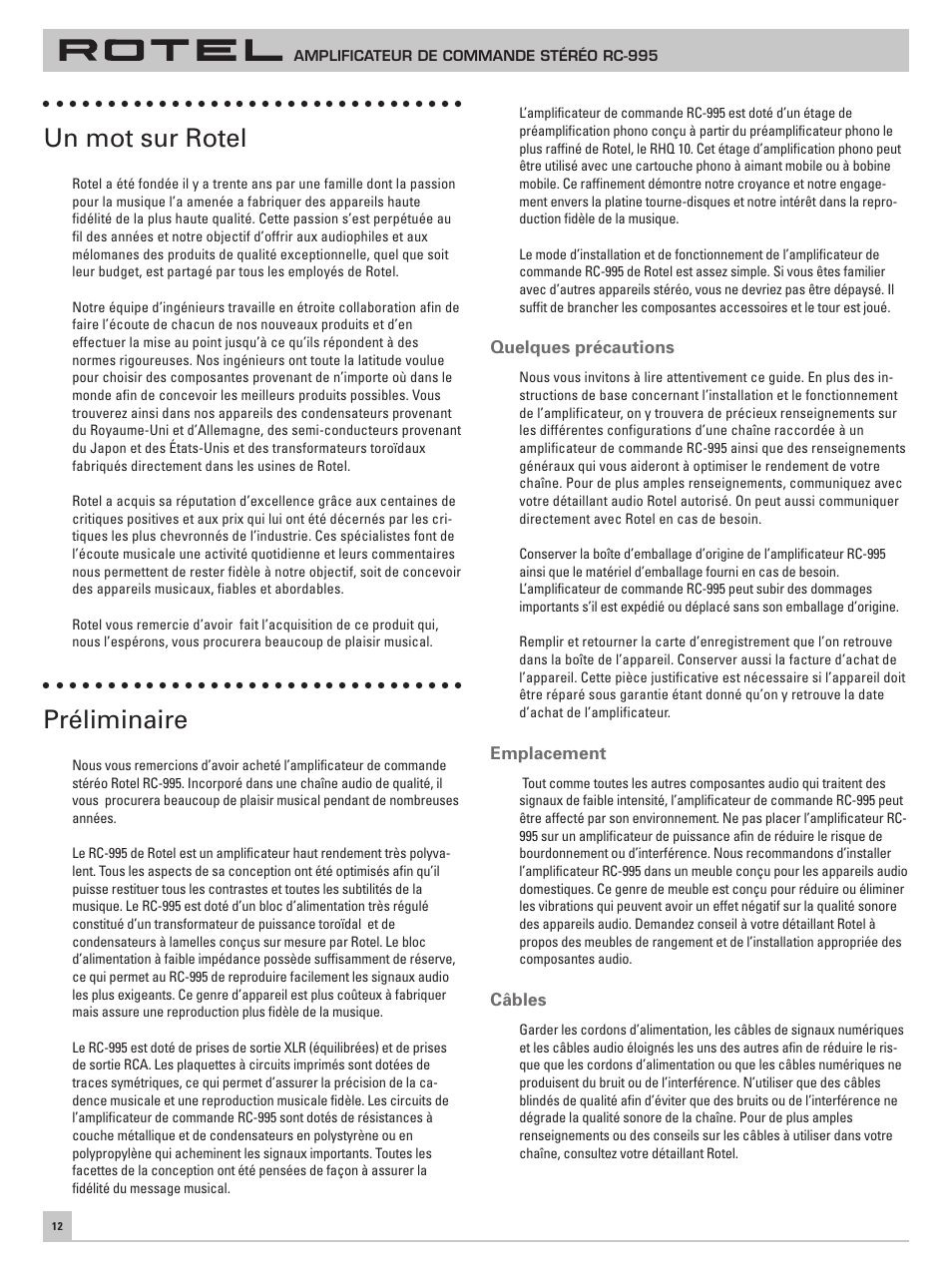 Un mot sur rotel, Préliminaire | ROTEL RC-995 User Manual | Page 12 / 42