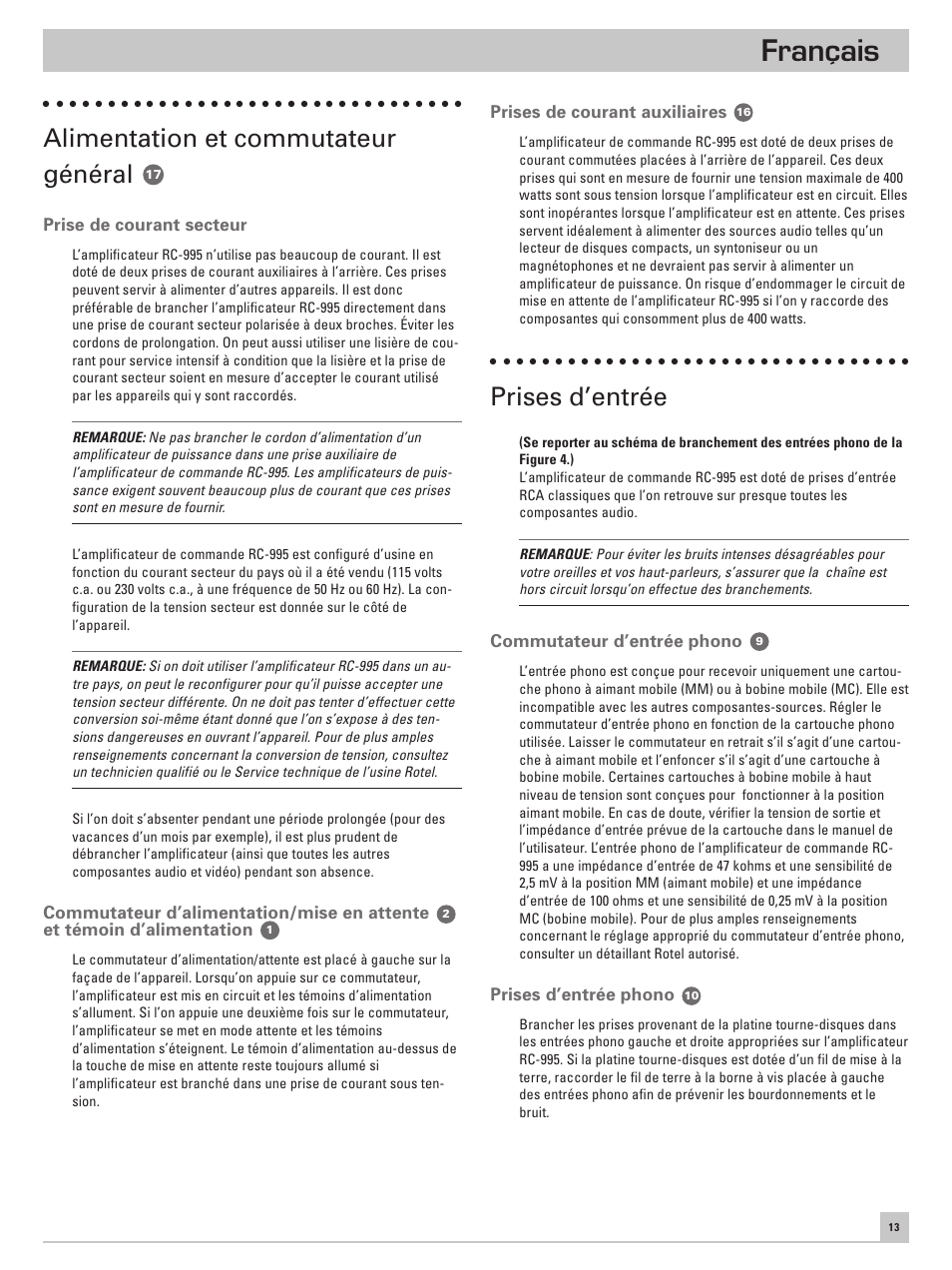 Français, Alimentation et commutateur général, Prises d’entrée | ROTEL RC-995 User Manual | Page 13 / 42
