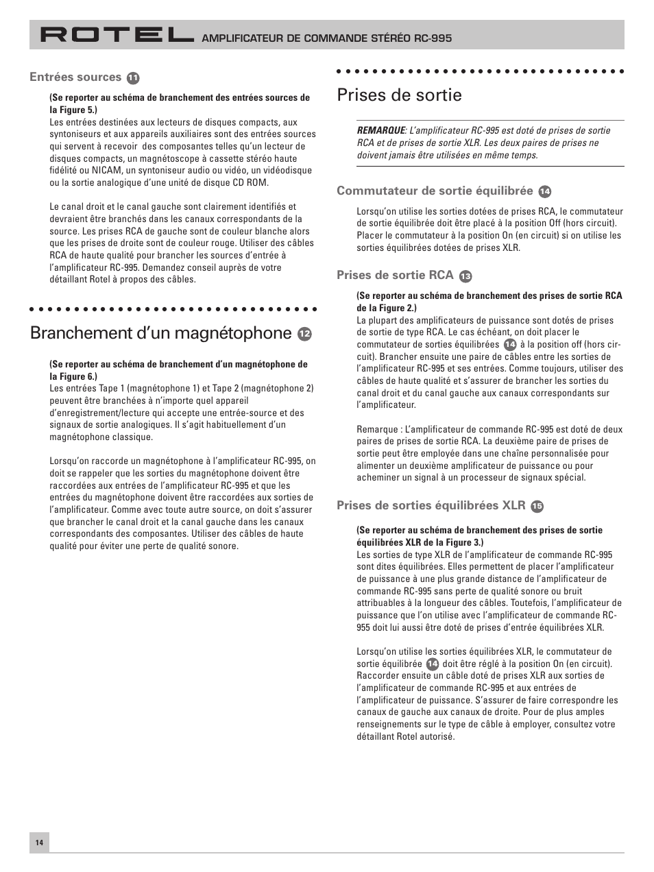 Branchement d’un magnétophone, Prises de sortie | ROTEL RC-995 User Manual | Page 14 / 42
