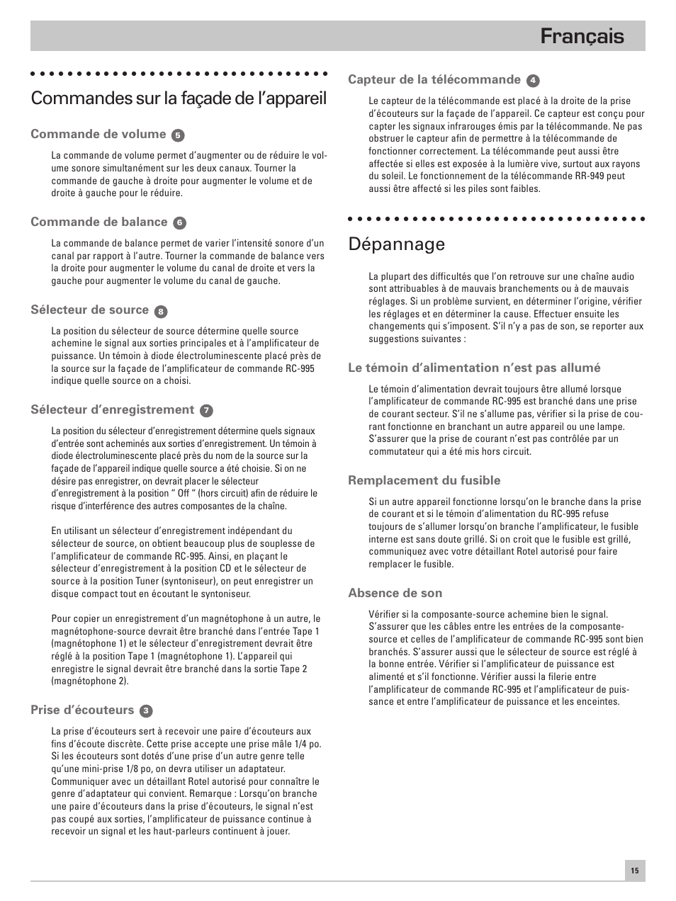 Français, Commandes sur la façade de l’appareil, Dépannage | ROTEL RC-995 User Manual | Page 15 / 42