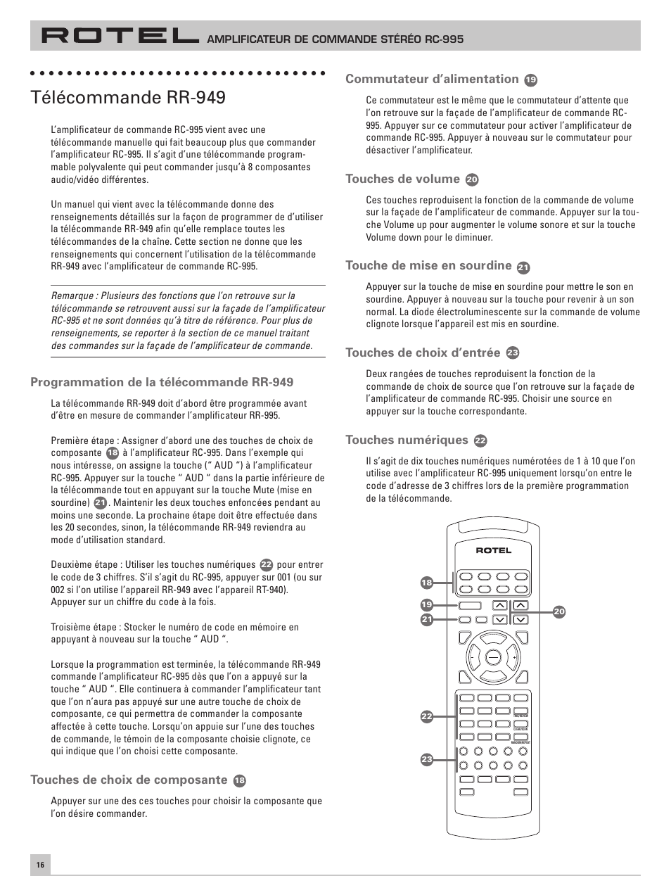 Télécommande rr-949, Programmation de la télécommande rr-949, Touches de choix de composante | Commutateur d’alimentation, Touches de volume, Touche de mise en sourdine, Touches de choix d’entrée, Touches numériques, Amplificateur de commande stéréo rc-995 | ROTEL RC-995 User Manual | Page 16 / 42