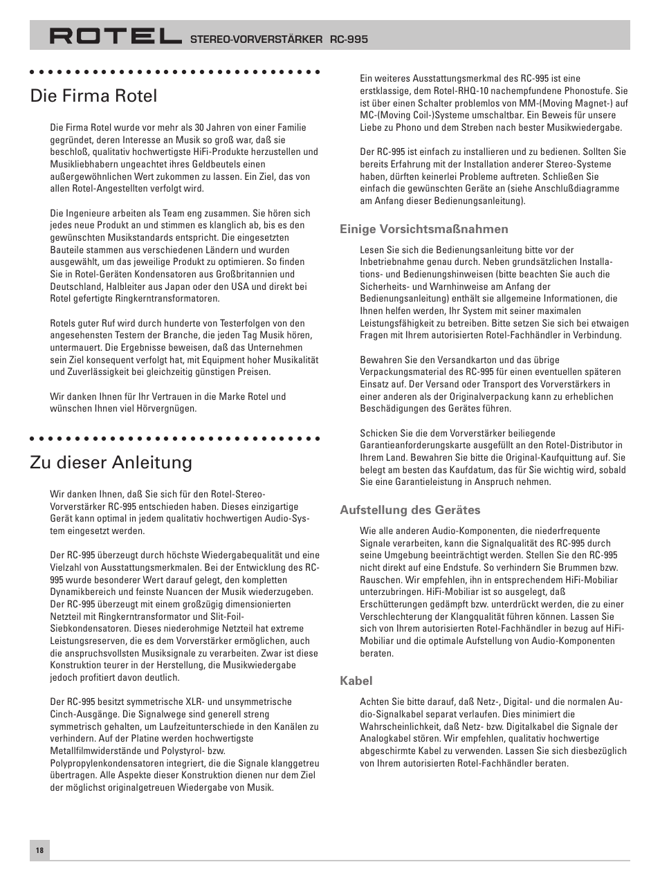 Die firma rotel, Zu dieser anleitung | ROTEL RC-995 User Manual | Page 18 / 42