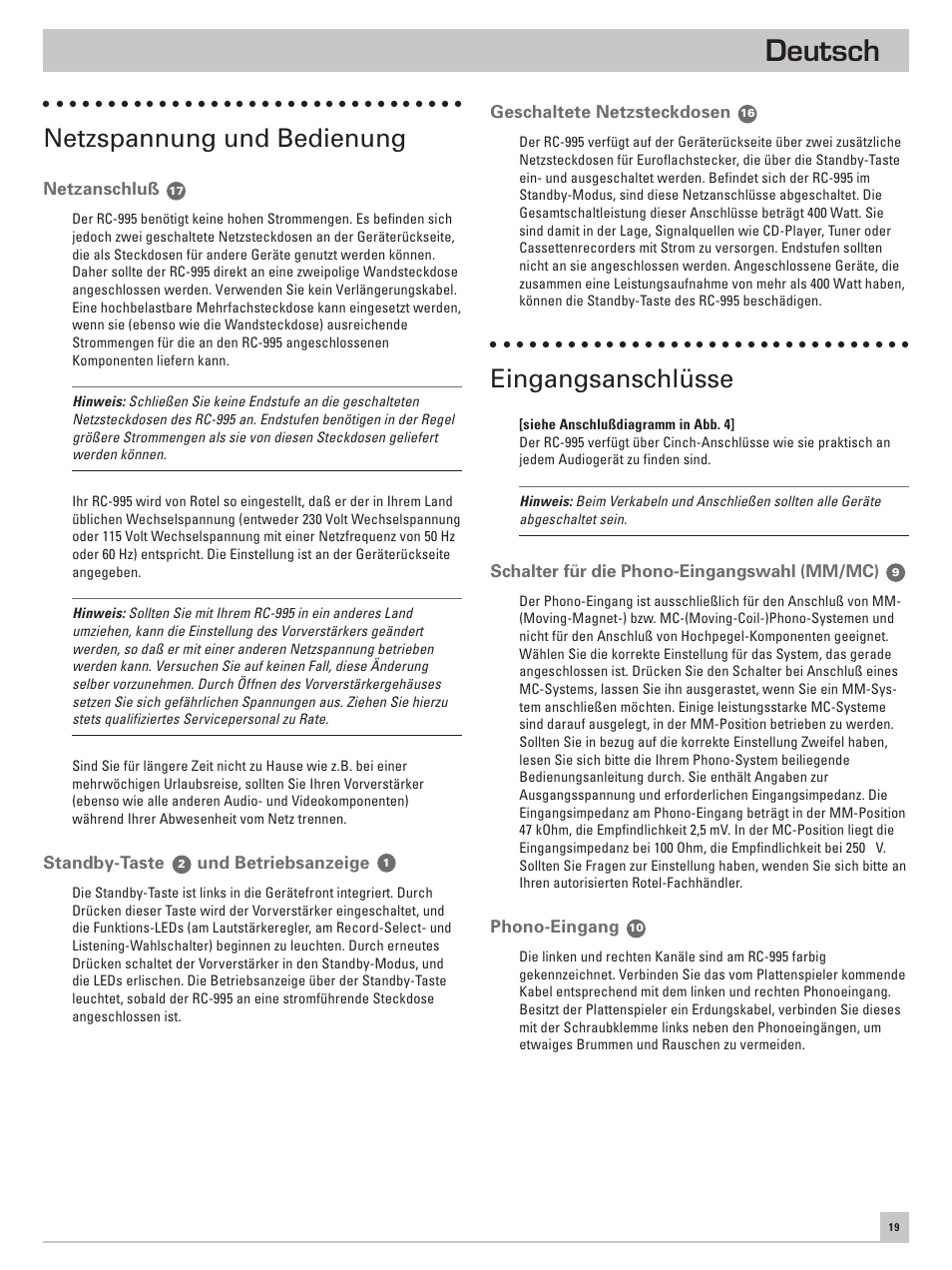 Deutsch, Netzspannung und bedienung, Eingangsanschlüsse | ROTEL RC-995 User Manual | Page 19 / 42