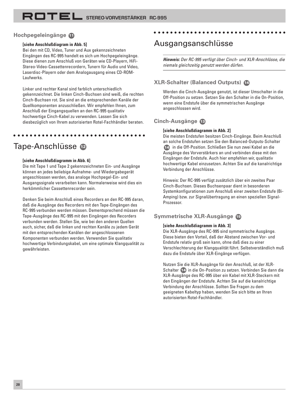 Tape-anschlüsse, Ausgangsanschlüsse | ROTEL RC-995 User Manual | Page 20 / 42