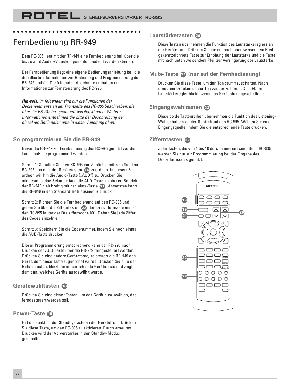 Fernbedienung rr-949, So programmieren sie die rr-949, Gerätewahltasten | Power-taste, Lautstärketasten, Mute-taste, Nur auf der fernbedienung), Eingangswahltasten, Zifferntasten, Stereo-vorverstärker rc-995 | ROTEL RC-995 User Manual | Page 22 / 42