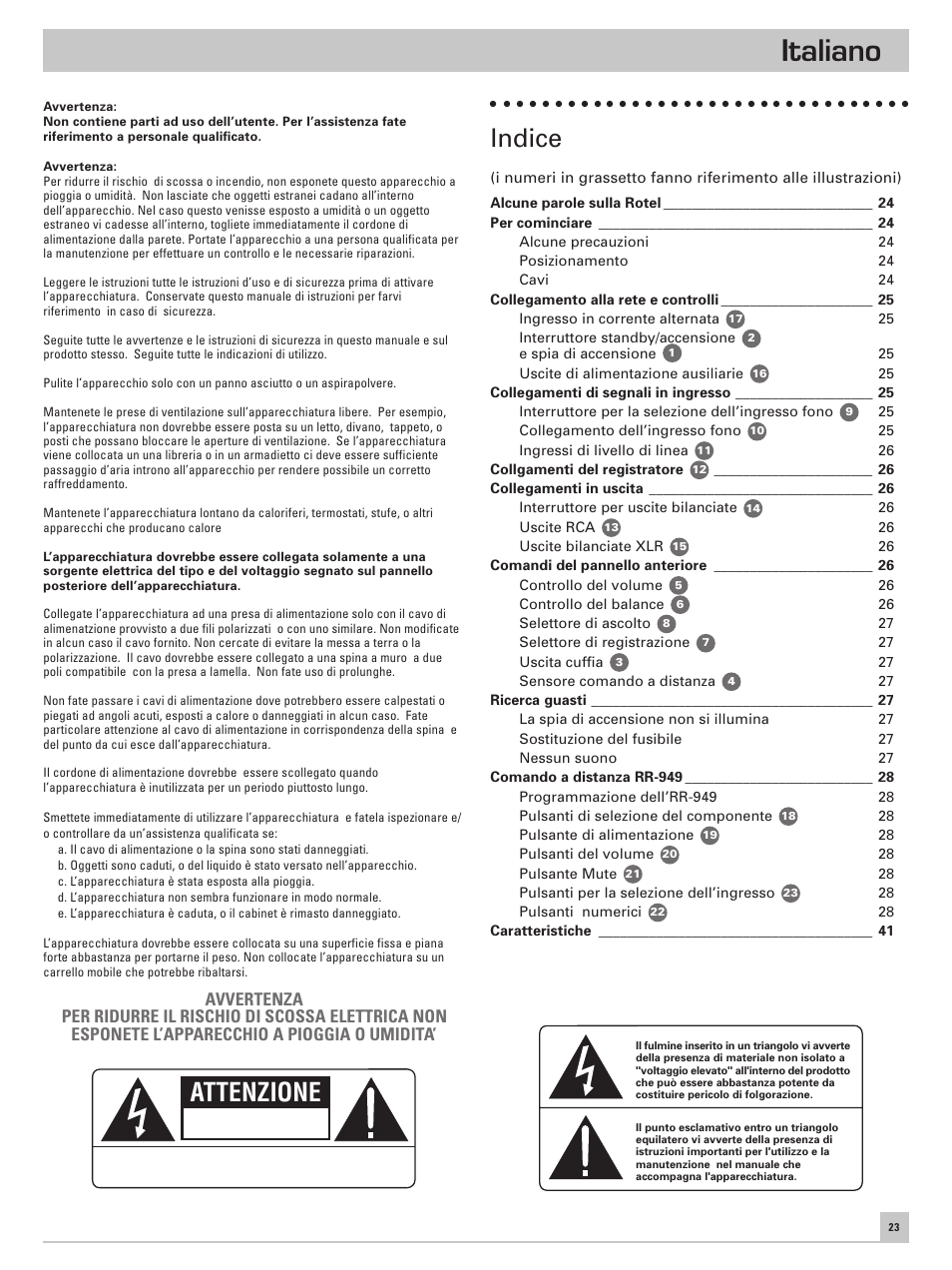 Italiano, Attenzione, Indice | ROTEL RC-995 User Manual | Page 23 / 42