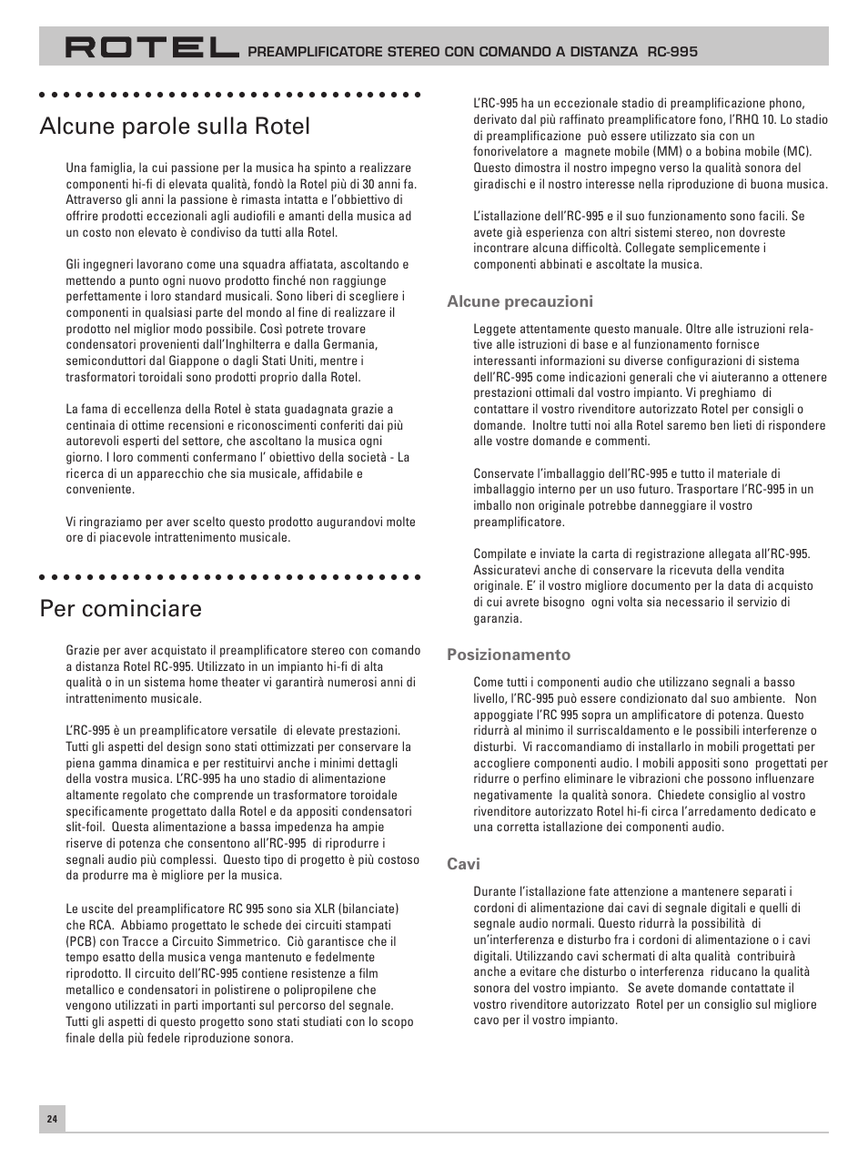 Alcune parole sulla rotel, Per cominciare | ROTEL RC-995 User Manual | Page 24 / 42