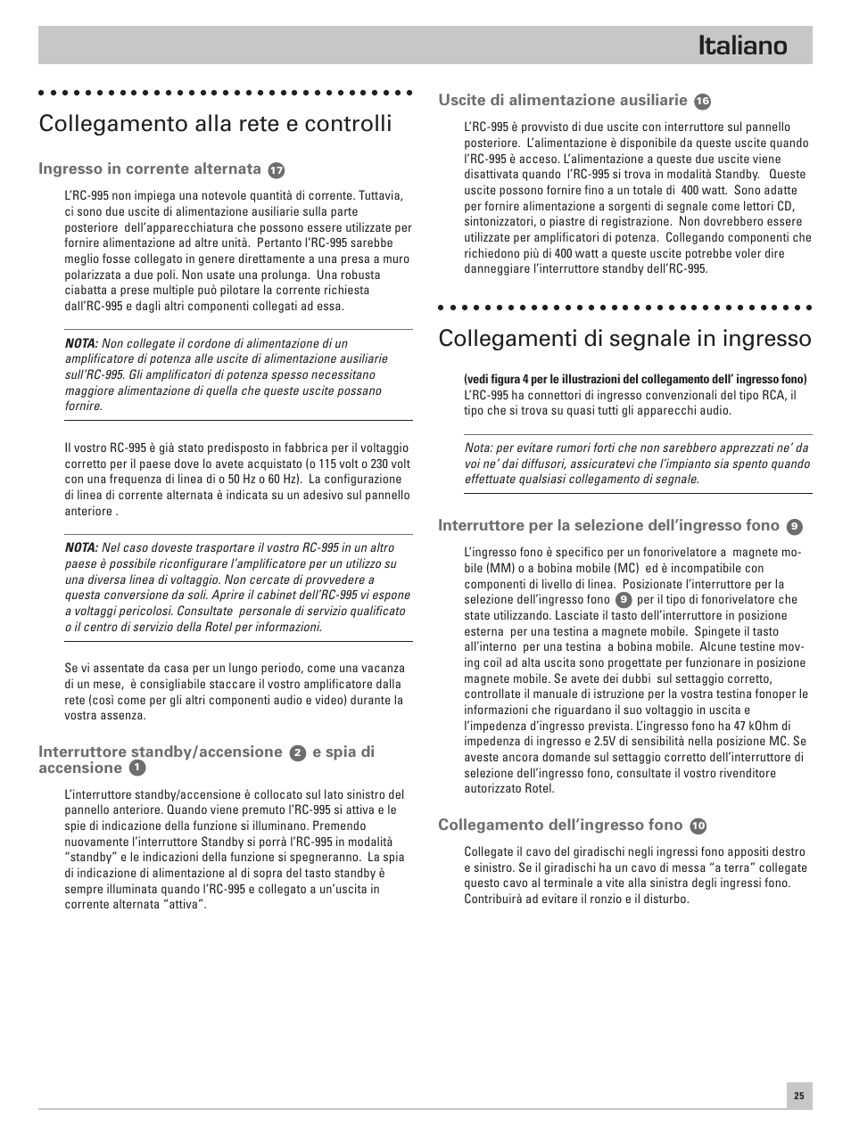Italiano, Collegamento alla rete e controlli, Collegamenti di segnale in ingresso | ROTEL RC-995 User Manual | Page 25 / 42