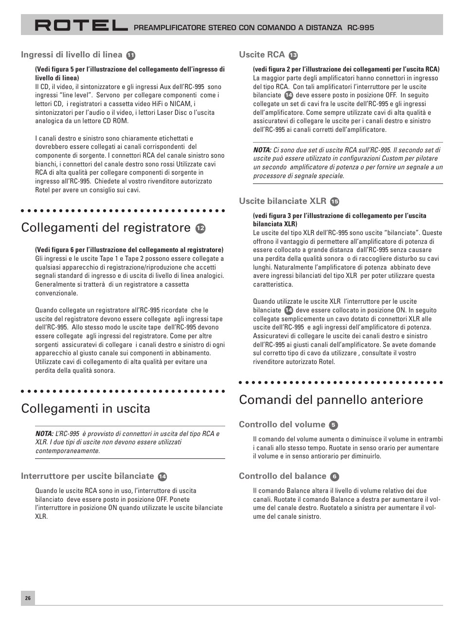Collegamenti del registratore, Collegamenti in uscita, Comandi del pannello anteriore | ROTEL RC-995 User Manual | Page 26 / 42