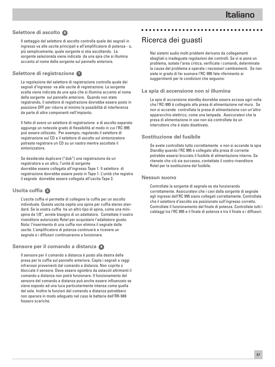 Italiano, Ricerca dei guasti | ROTEL RC-995 User Manual | Page 27 / 42