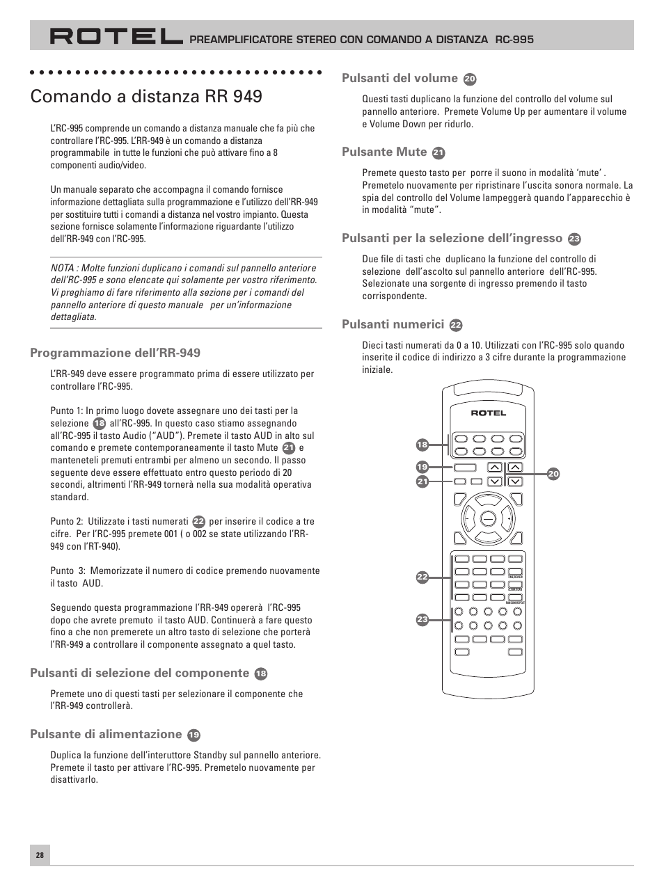 Comando a distanza rr 949, Programmazione dell’rr-949, Pulsanti di selezione del componente | Pulsante di alimentazione, Pulsanti del volume, Pulsante mute, Pulsanti per la selezione dell’ingresso, Pulsanti numerici | ROTEL RC-995 User Manual | Page 28 / 42