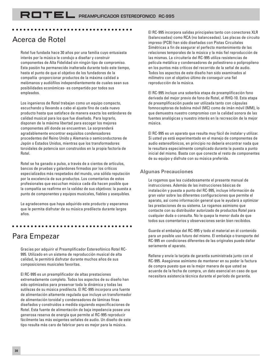 Acerca de rotel, Para empezar | ROTEL RC-995 User Manual | Page 30 / 42