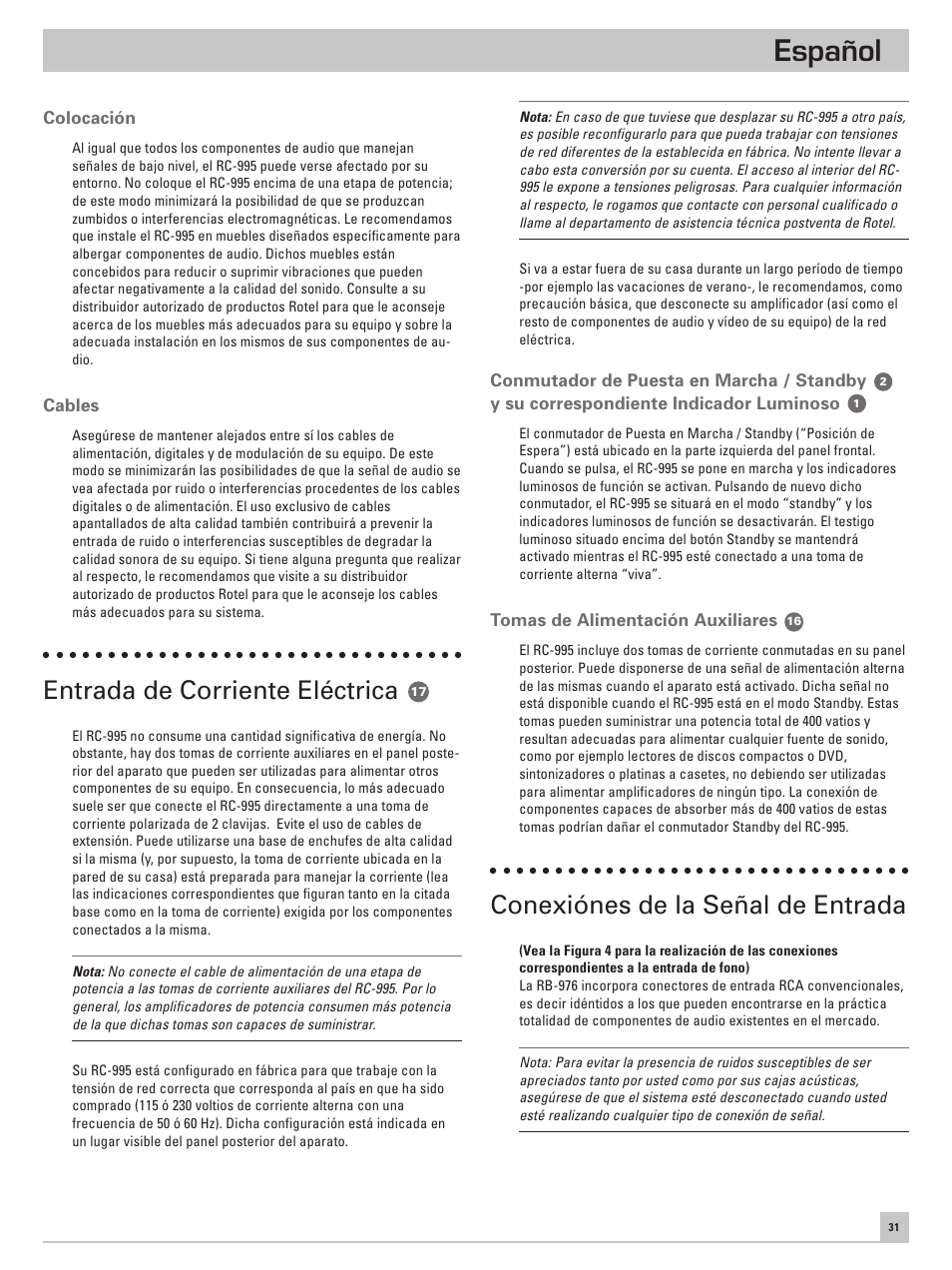 Español, Entrada de corriente eléctrica, Conexiónes de la señal de entrada | ROTEL RC-995 User Manual | Page 31 / 42