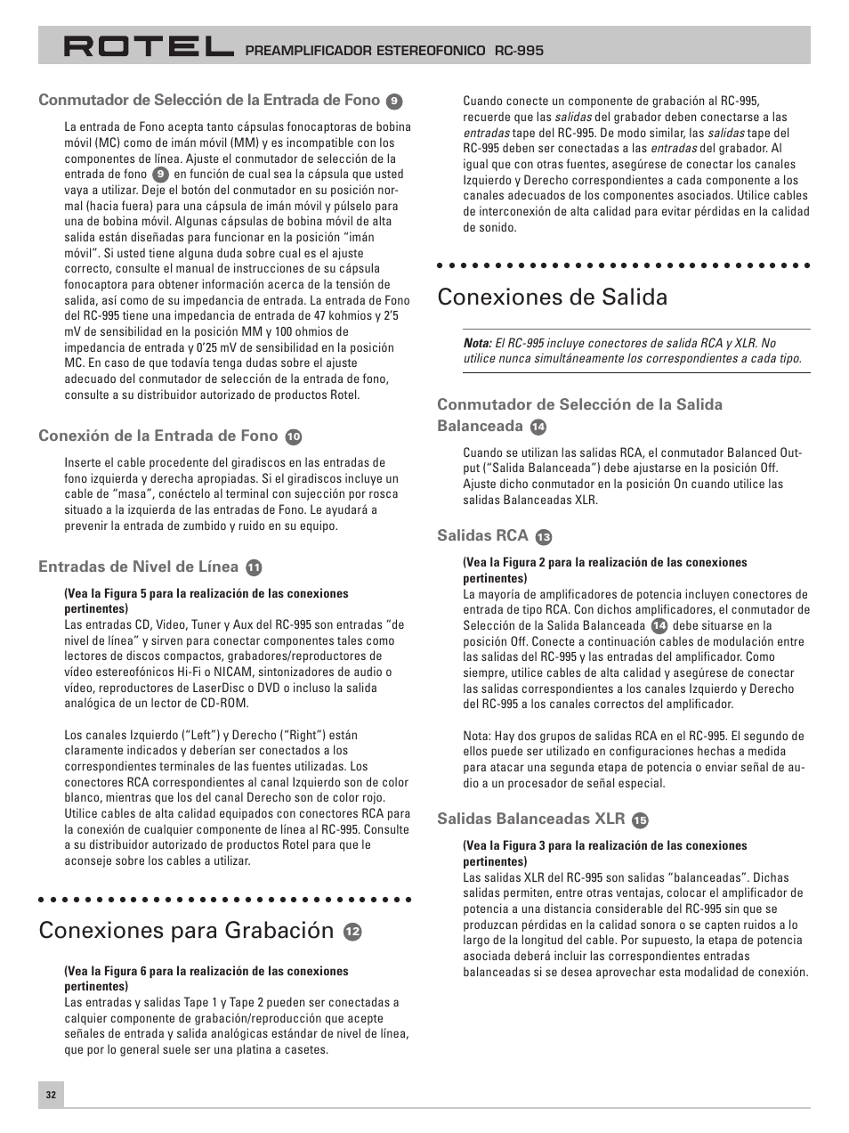 Conexiones para grabación, Conexiones de salida | ROTEL RC-995 User Manual | Page 32 / 42