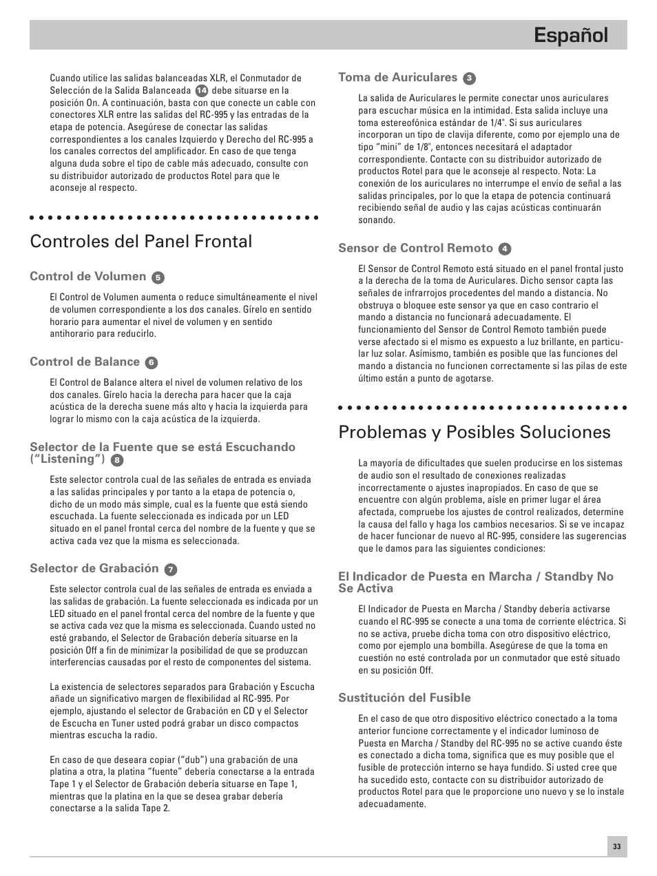 Español, Controles del panel frontal, Problemas y posibles soluciones | ROTEL RC-995 User Manual | Page 33 / 42