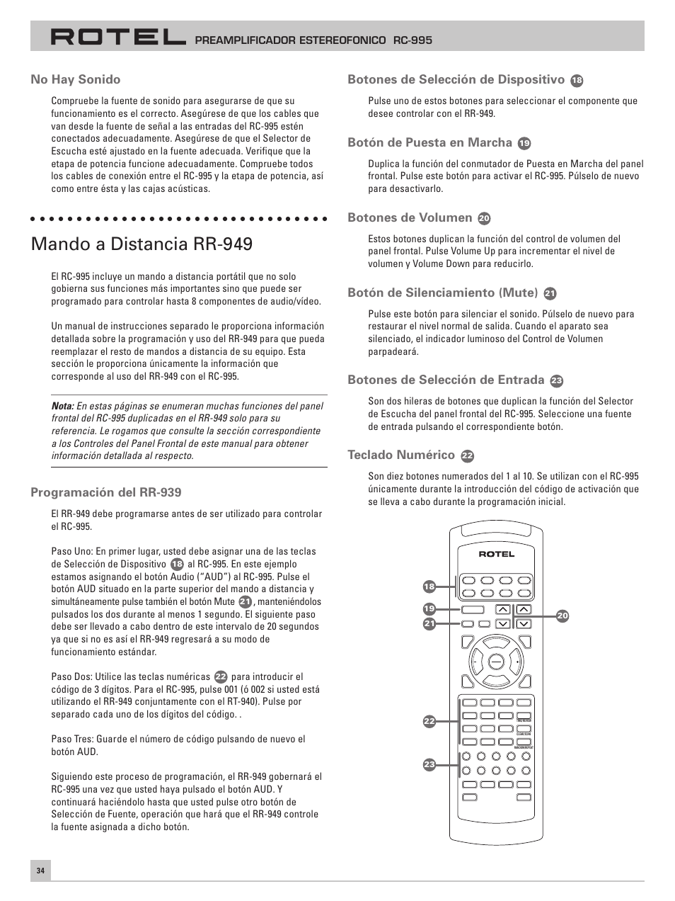 Mando a distancia rr-949, No hay sonido, Programación del rr-939 | Botones de selección de dispositivo, Botón de puesta en marcha, Botones de volumen, Botón de silenciamiento (mute), Botones de selección de entrada, Teclado numérico, Preamplificador estereofonico rc-995 | ROTEL RC-995 User Manual | Page 34 / 42