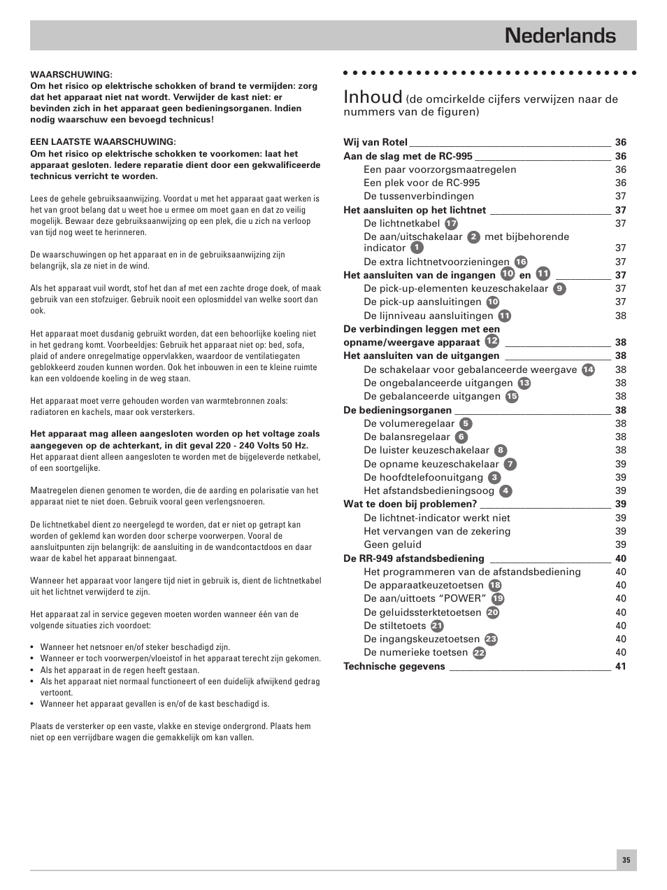 Nederlands, Inhoud | ROTEL RC-995 User Manual | Page 35 / 42