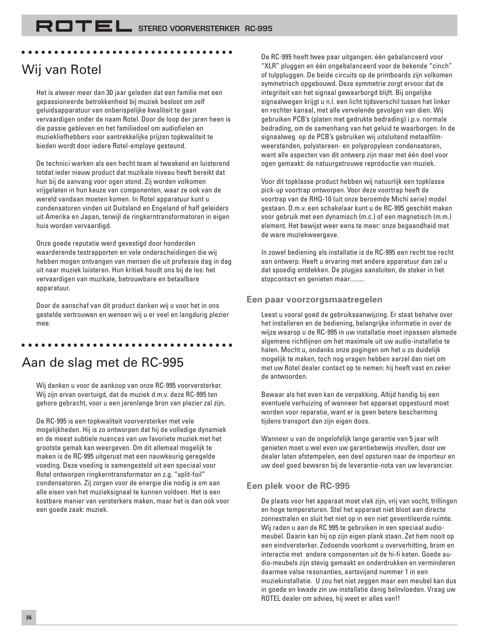 Wij van rotel, Aan de slag met de rc-995 | ROTEL RC-995 User Manual | Page 36 / 42