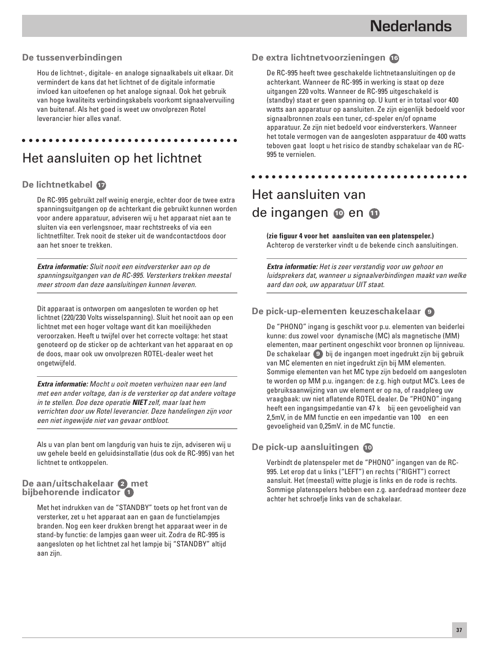 Nederlands, Het aansluiten op het lichtnet, Het aansluiten van de ingangen | ROTEL RC-995 User Manual | Page 37 / 42