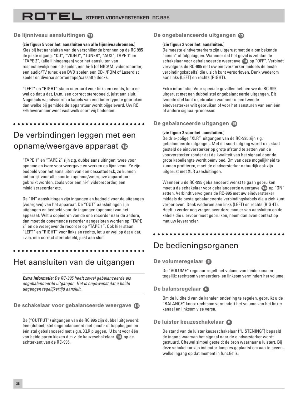 Het aansluiten van de uitgangen, De bedieningsorganen | ROTEL RC-995 User Manual | Page 38 / 42