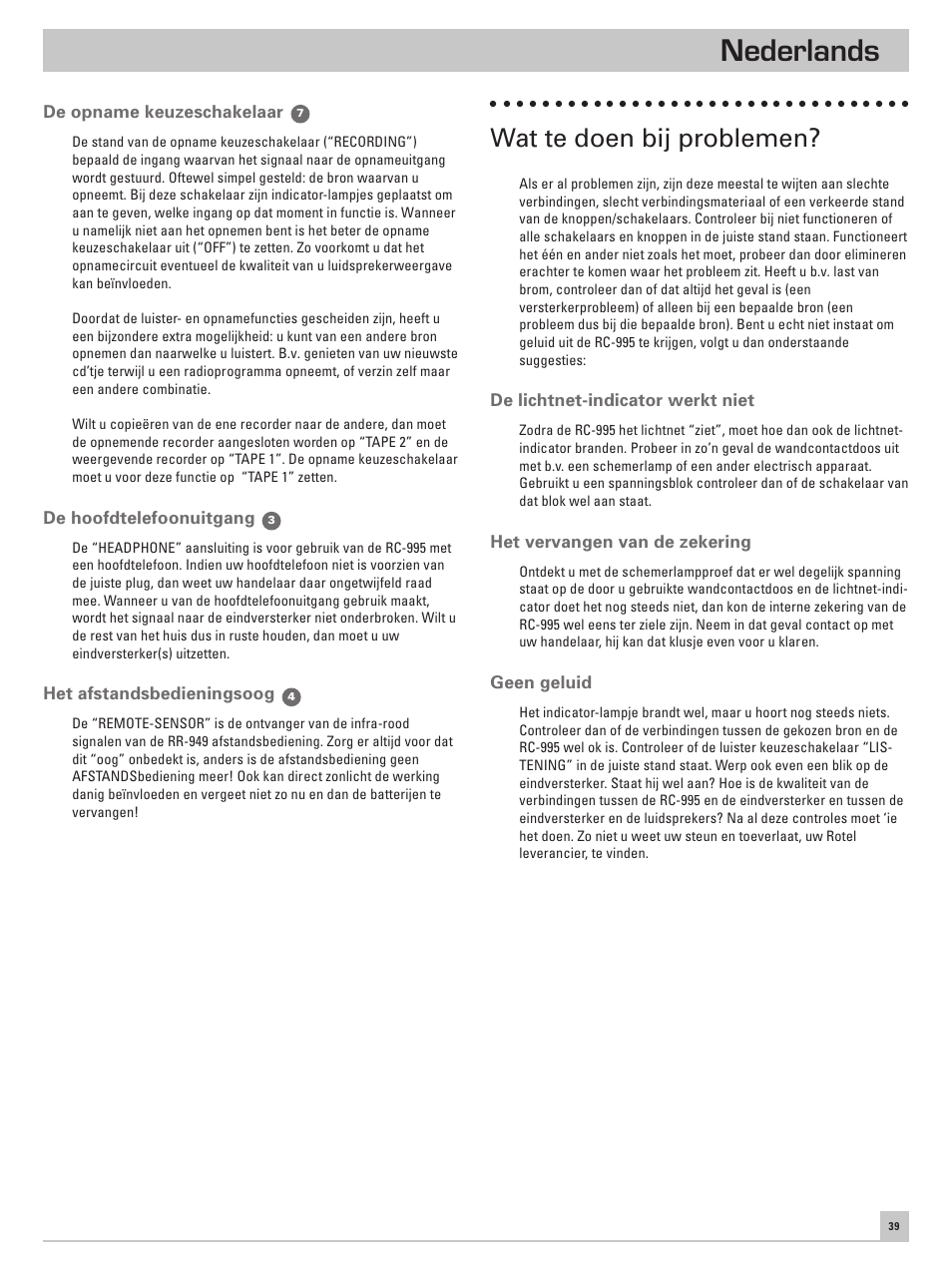 Nederlands, Wat te doen bij problemen | ROTEL RC-995 User Manual | Page 39 / 42