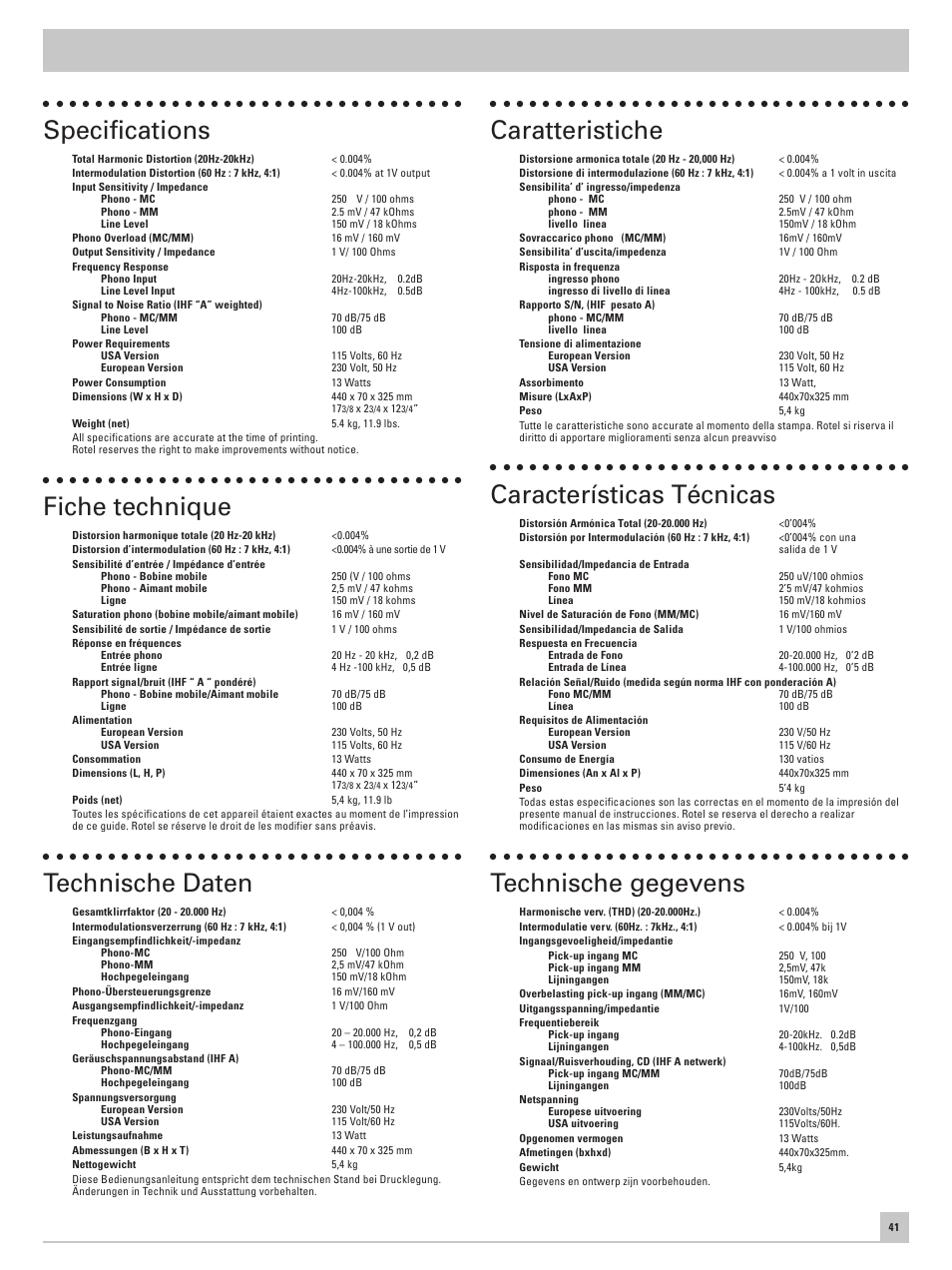 Specifications, Fiche technique, Technische daten | Caratteristiche, Características técnicas, Technische gegevens | ROTEL RC-995 User Manual | Page 41 / 42