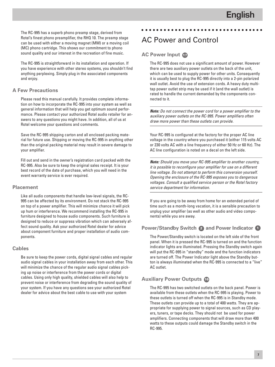 English, Ac power and control | ROTEL RC-995 User Manual | Page 7 / 42