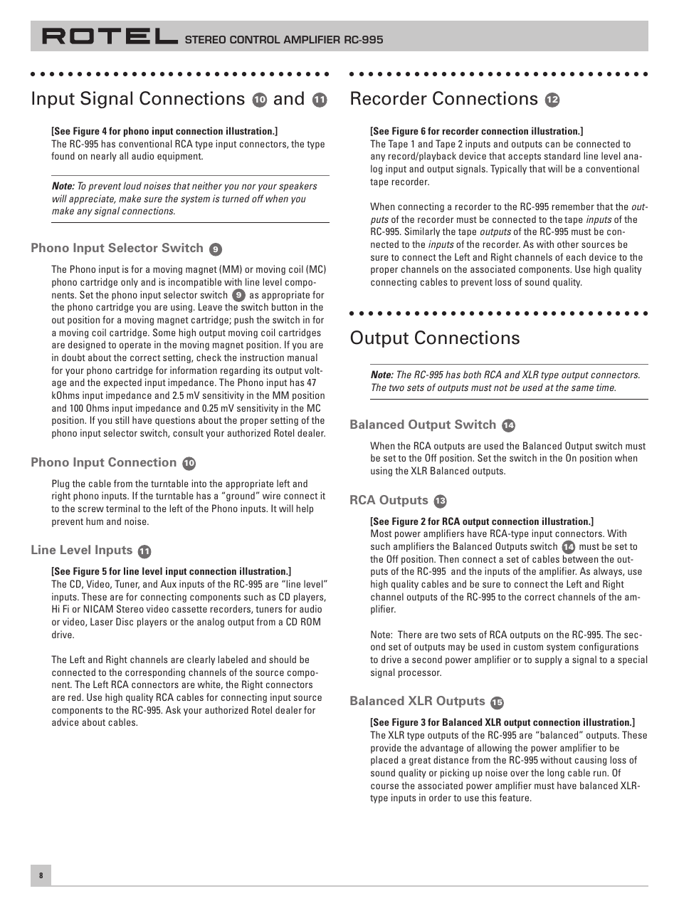 Recorder connections, Output connections, Input signal connections | ROTEL RC-995 User Manual | Page 8 / 42