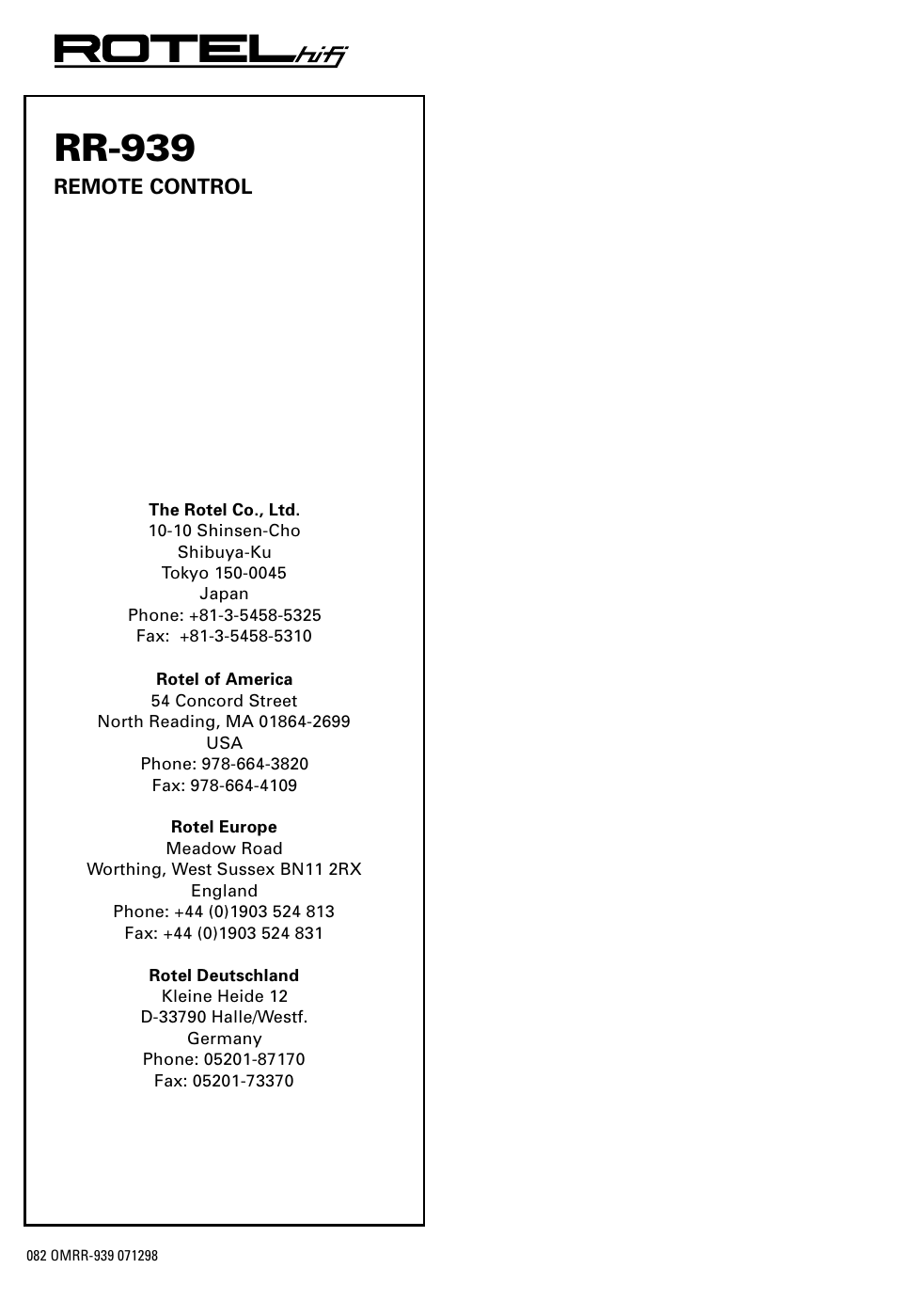 Rr-939, Remote control | ROTEL RR-939 User Manual | Page 11 / 11