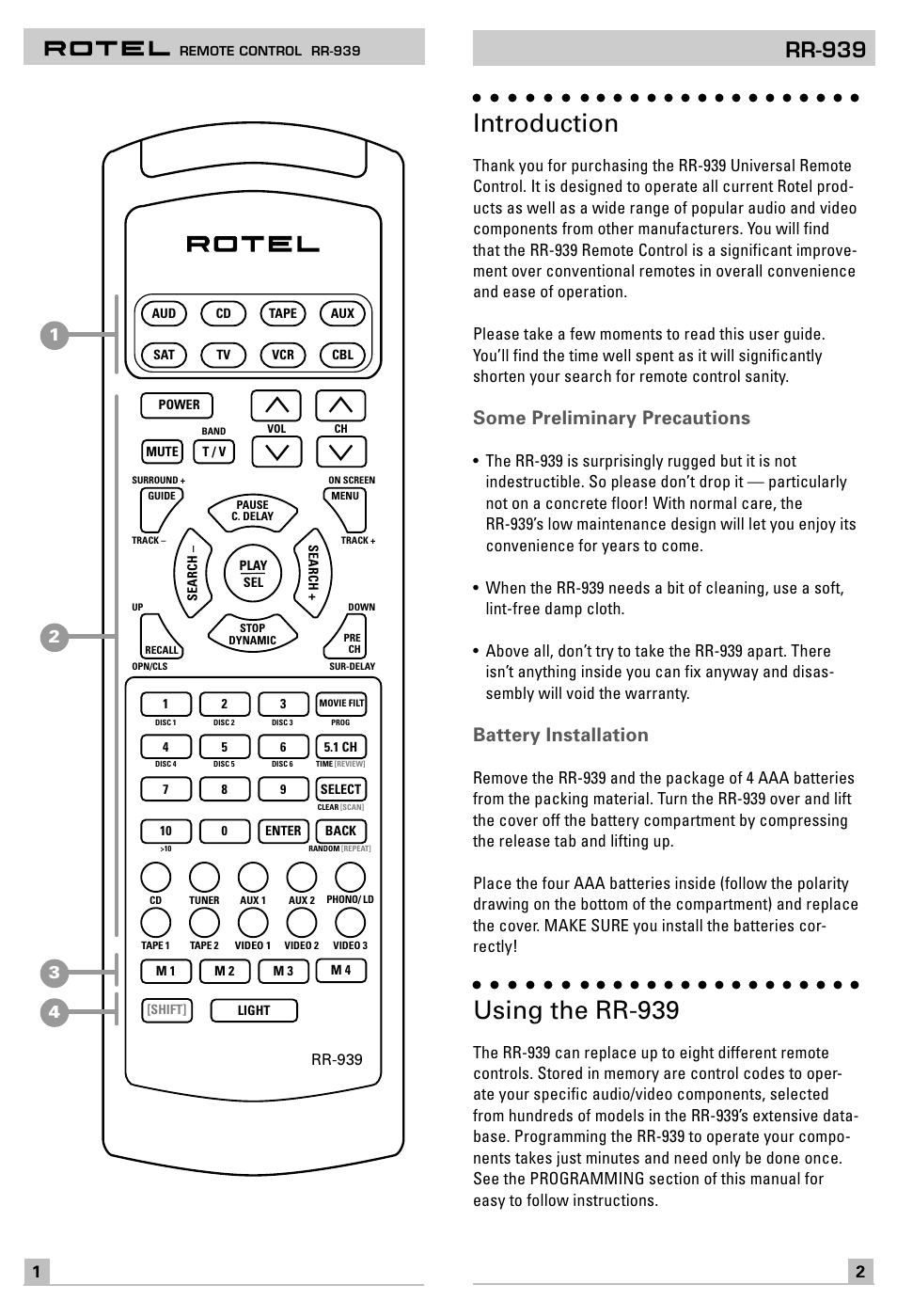 Introduction, Using the rr-939, Rr-939 | Some preliminary precautions, Battery installation | ROTEL RR-939 User Manual | Page 2 / 11