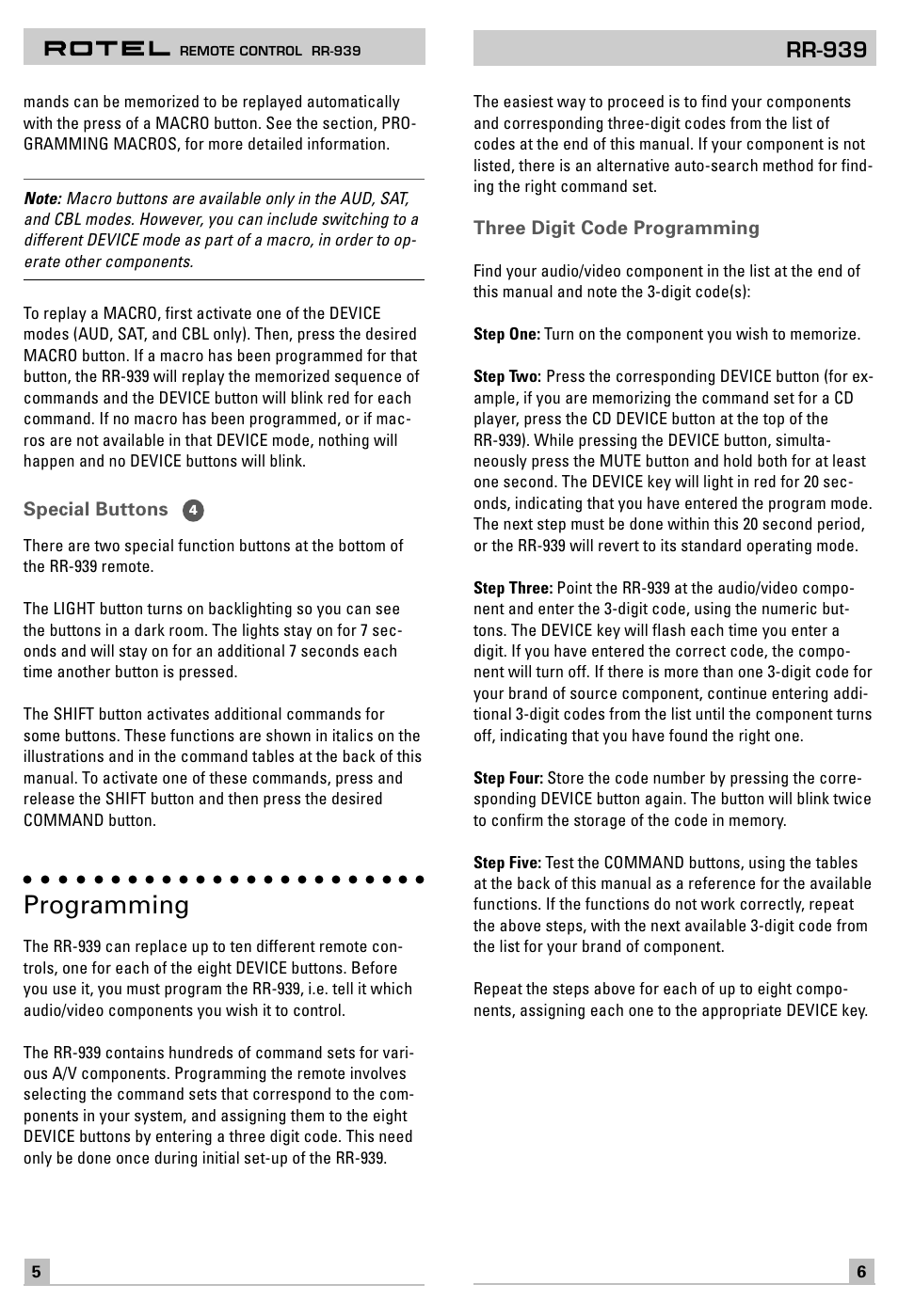 Programming, Rr-939 | ROTEL RR-939 User Manual | Page 4 / 11