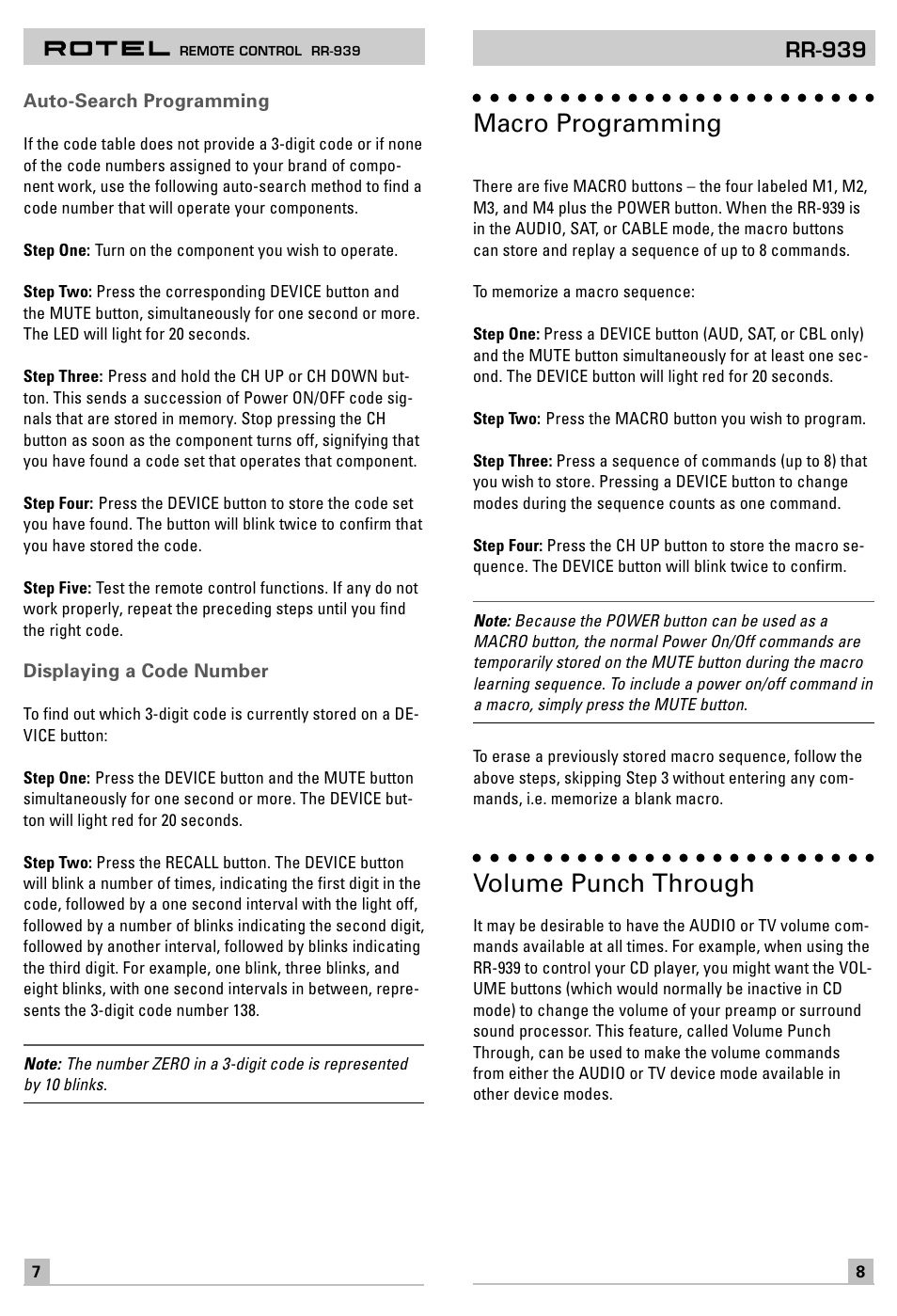 Macro programming, Volume punch through, Rr-939 | ROTEL RR-939 User Manual | Page 5 / 11