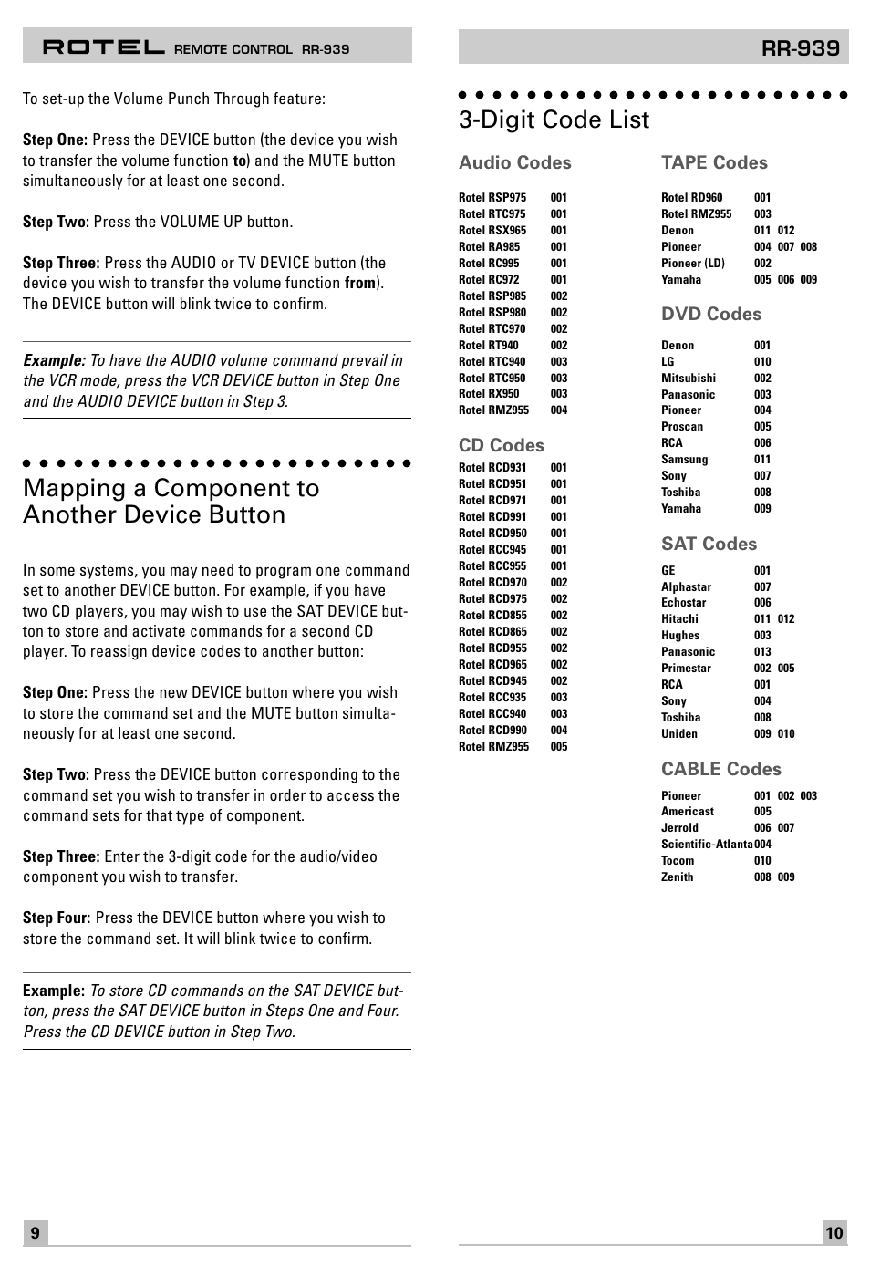 Mapping a component to another device button, Digit code list, Rr-939 | Audio codes, Cd codes, Tape codes, Dvd codes, Sat codes, Cable codes | ROTEL RR-939 User Manual | Page 6 / 11