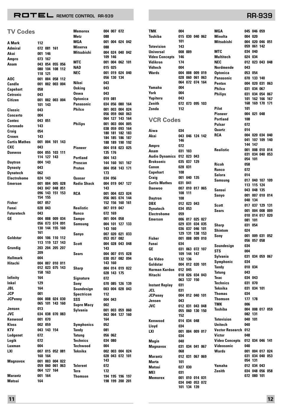 Rr-939, Tv codes, Vcr codes | ROTEL RR-939 User Manual | Page 7 / 11