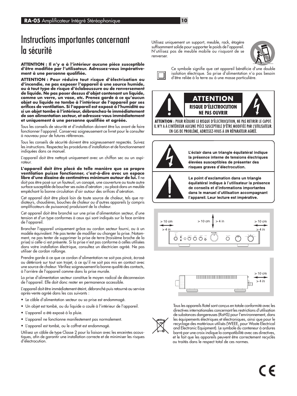 Instructions importantes concernant la sécurité, Ra-05 amplificateur intégré stéréophonique | ROTEL RA-05 User Manual | Page 10 / 52