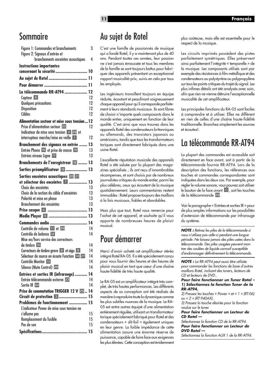Au sujet de rotel, Pour démarrer, La télécommande rr-at94 | Sommaire | ROTEL RA-05 User Manual | Page 11 / 52