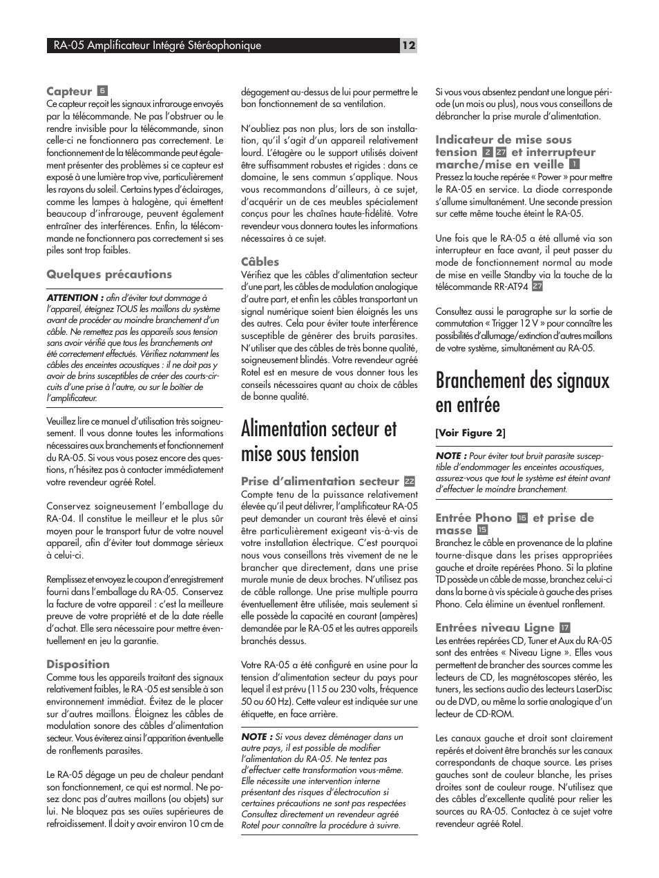 Alimentation secteur et mise sous tension, Branchement des signaux en entrée | ROTEL RA-05 User Manual | Page 12 / 52