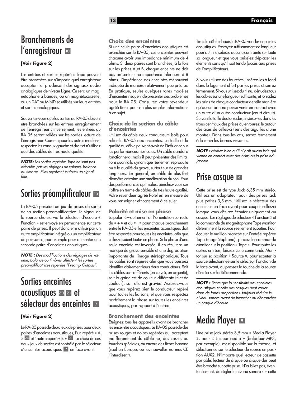 Branchements de l’enregistreur, Sorties préampliﬁcateur, Sorties enceintes acoustiques | Et sélecteur des enceintes, Prise casque, Media player | ROTEL RA-05 User Manual | Page 13 / 52