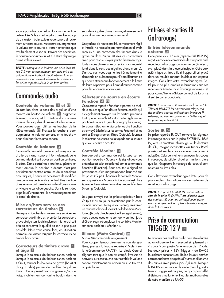 Commandes audio, Entrées et sorties ir (infrarouge), Prise de commutation trigger 12 v | ROTEL RA-05 User Manual | Page 14 / 52