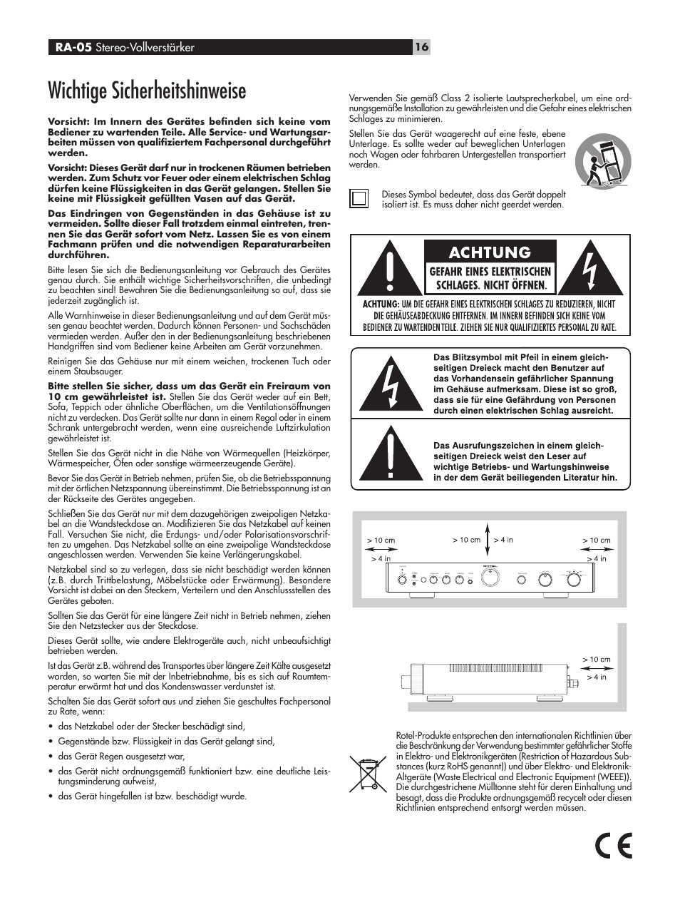 Wichtige sicherheitshinweise, Ra-05 stereo-vollverstärker | ROTEL RA-05 User Manual | Page 16 / 52