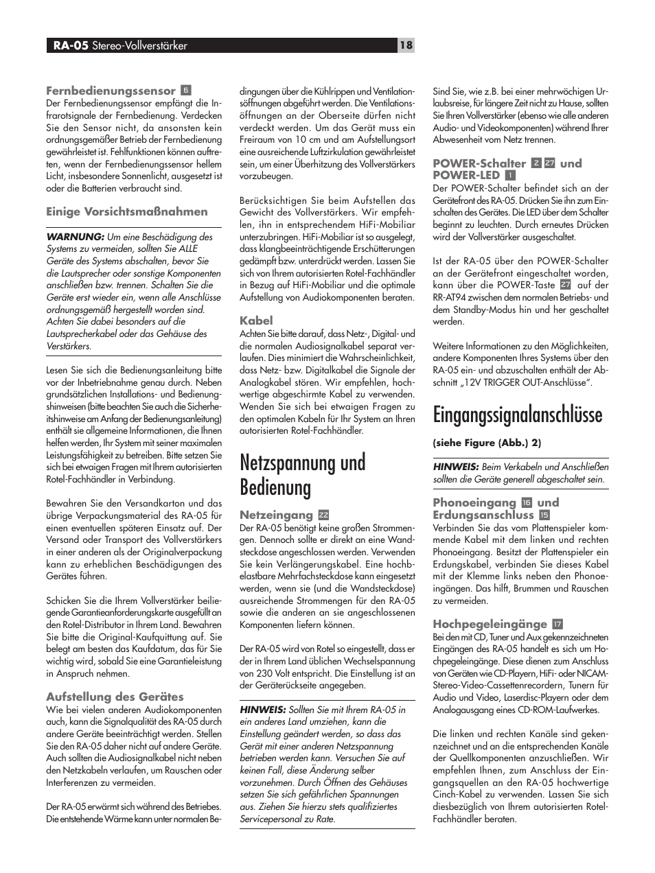 Netzspannung und bedienung, Eingangssignalanschlüsse | ROTEL RA-05 User Manual | Page 18 / 52