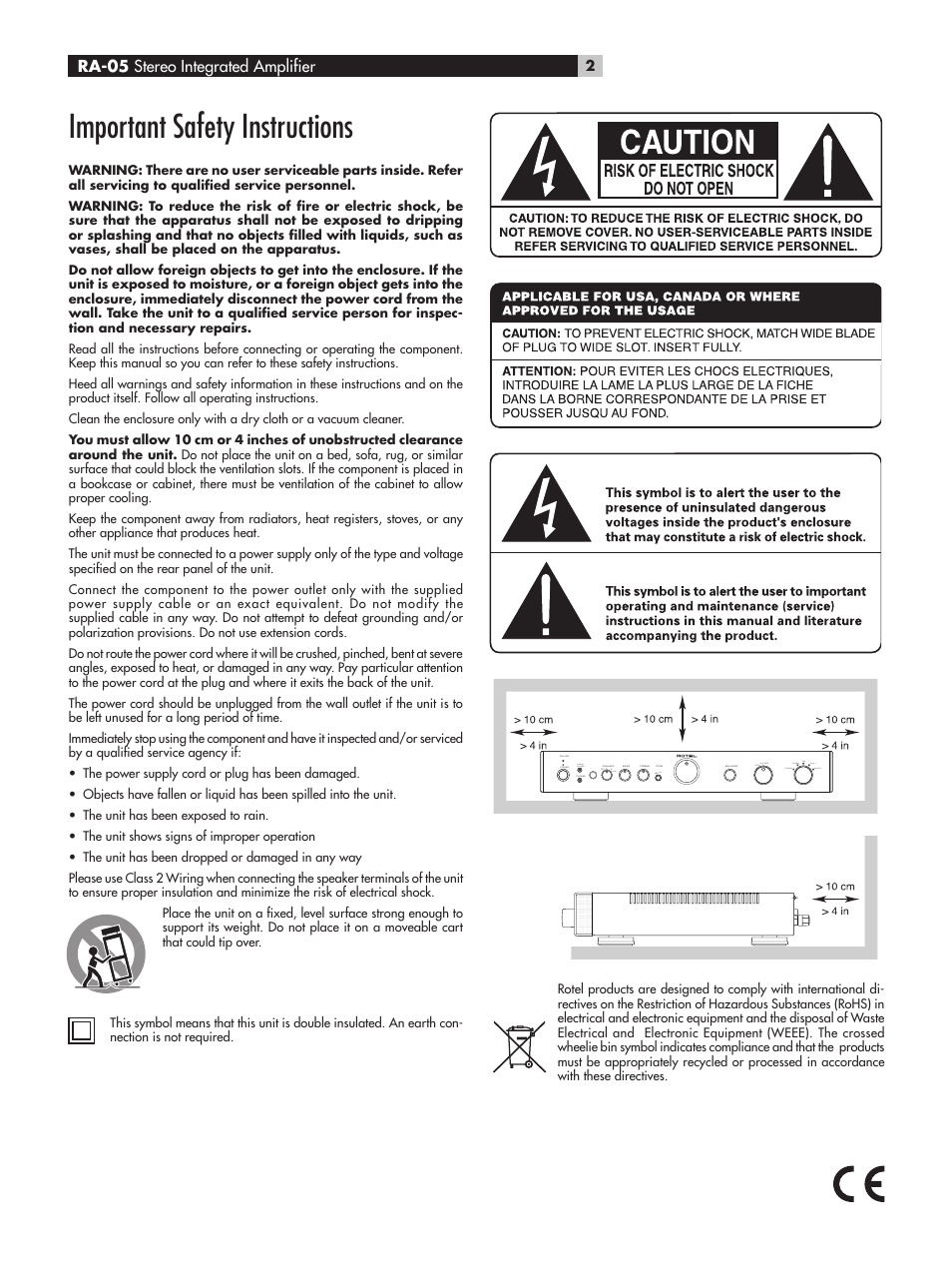 Important safety instructions, Ra-05 stereo integrated amplifier | ROTEL RA-05 User Manual | Page 2 / 52