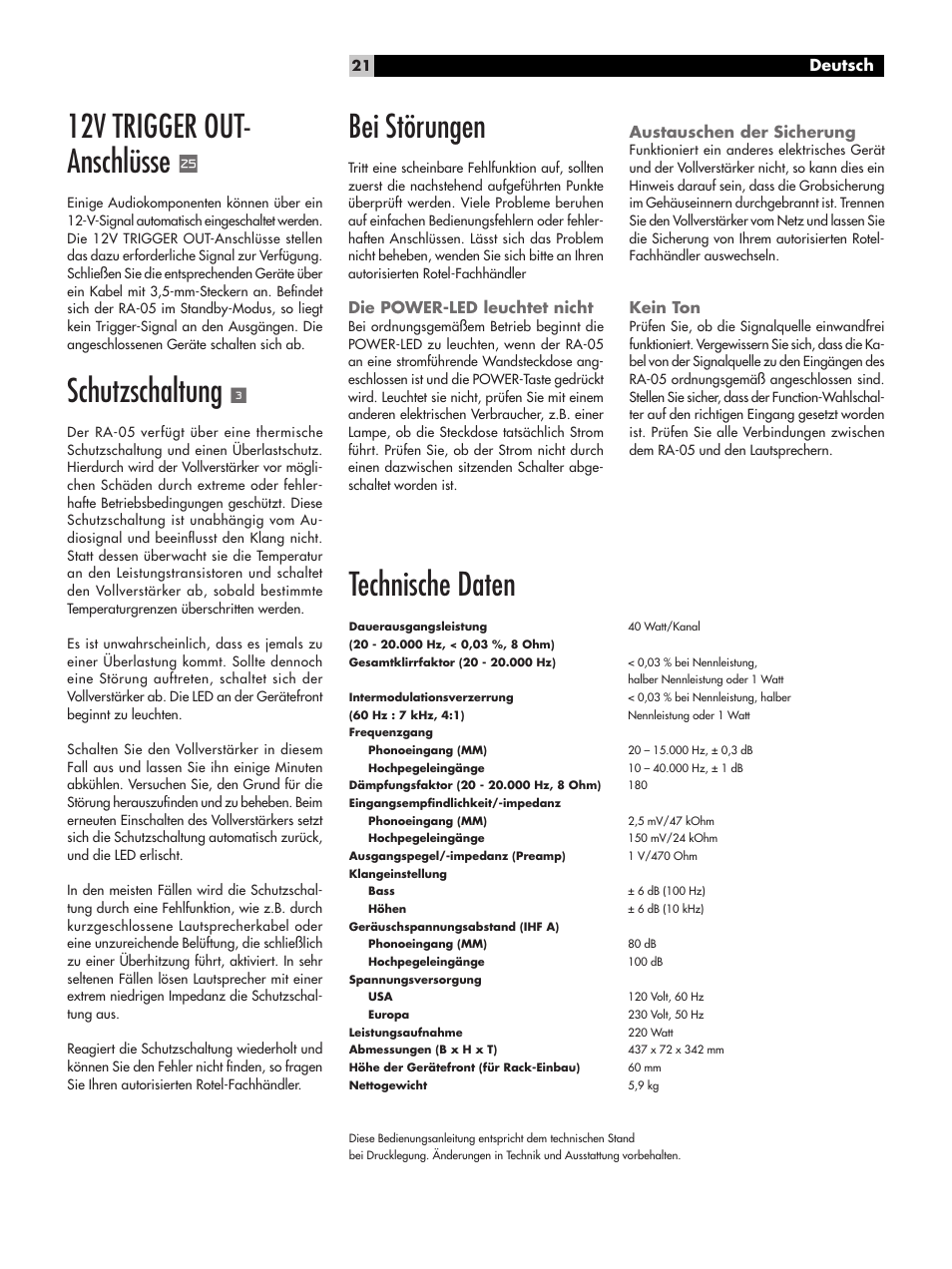 12v trigger out- anschlüsse, Schutzschaltung, Technische daten | Bei störungen | ROTEL RA-05 User Manual | Page 21 / 52