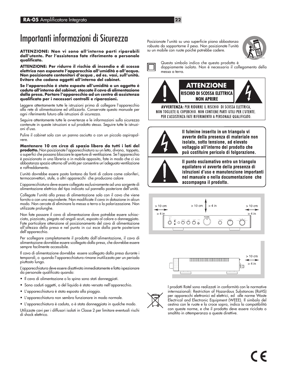 Importanti informazioni di sicurezza, Ra-05 amplificatore integrato | ROTEL RA-05 User Manual | Page 22 / 52