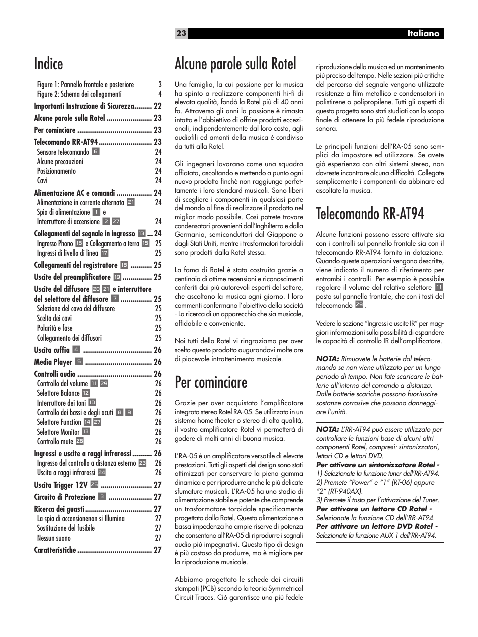 Alcune parole sulla rotel, Per cominciare, Telecomando rr-at94 | Indice | ROTEL RA-05 User Manual | Page 23 / 52