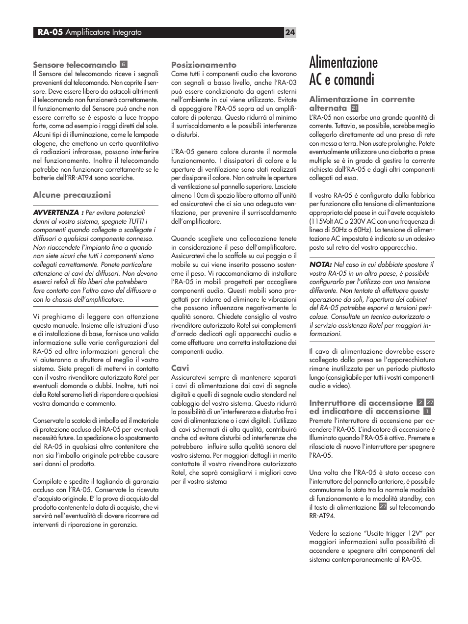 Alimentazione ac e comandi | ROTEL RA-05 User Manual | Page 24 / 52