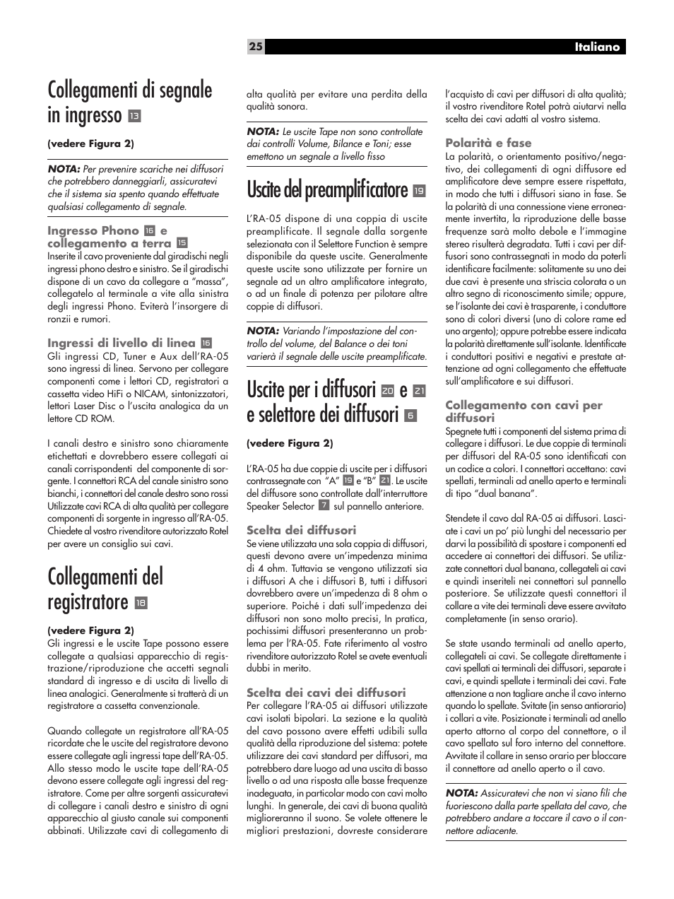 Collegamenti di segnale in ingresso, Collegamenti del registratore, Uscite del preampliﬁcatore | Uscite per i diffusori, E selettore dei diffusori | ROTEL RA-05 User Manual | Page 25 / 52